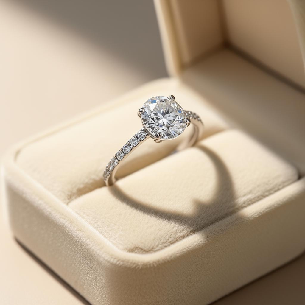 An oval-cut diamond solitaire engagement ring resting on a cream velvet ring box
